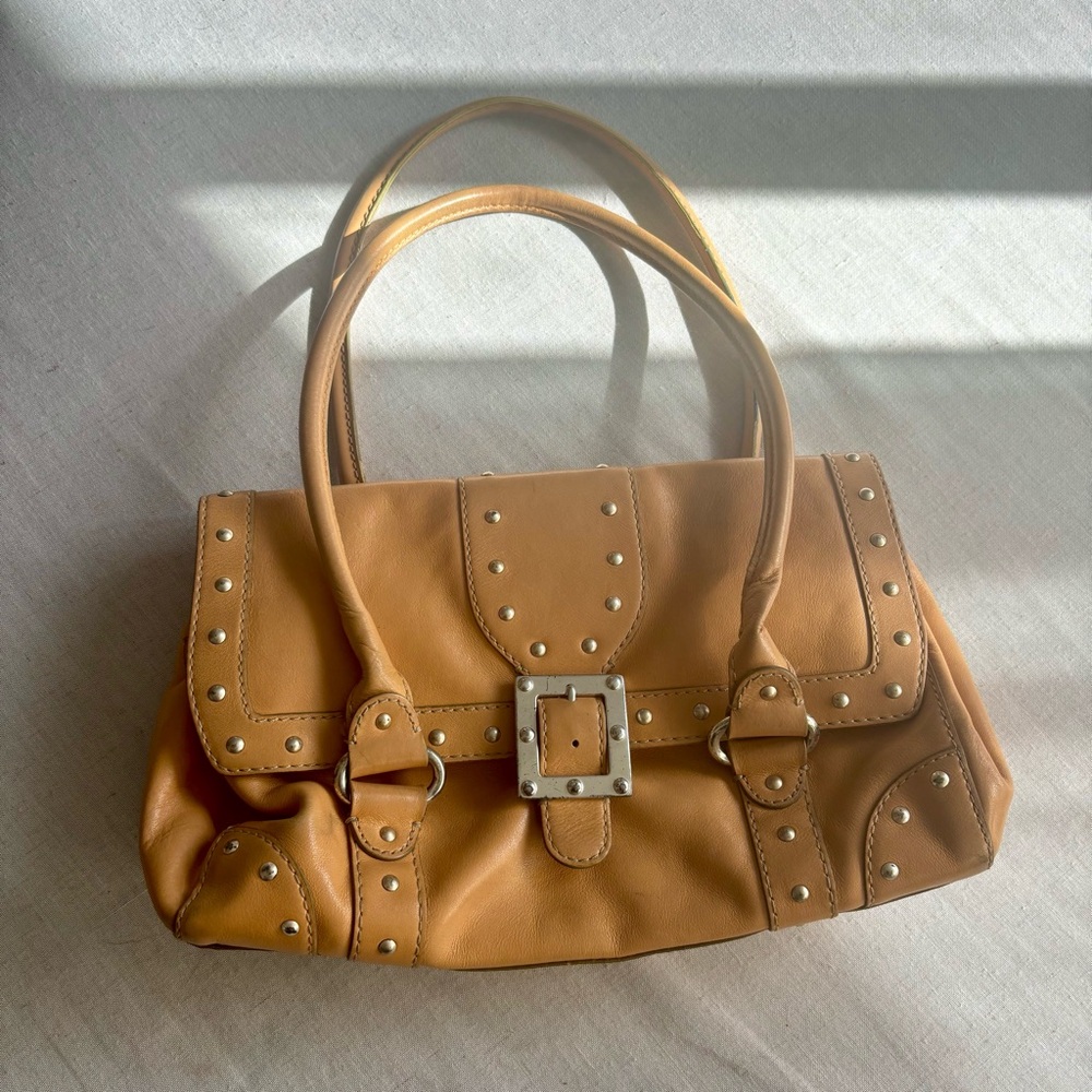 Michael Kors Vintage Light Mustard Leather Shoulder Bag Studded Buckle Tote